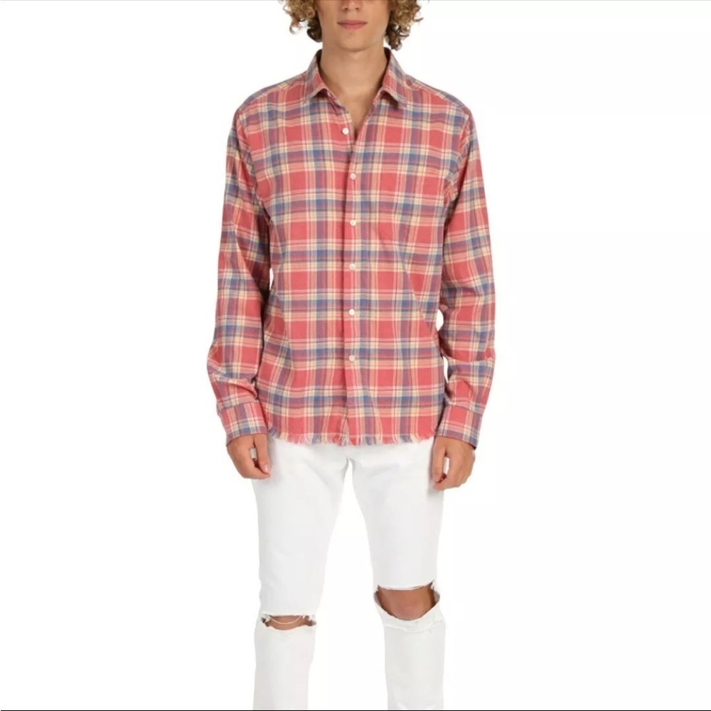 FRAME Fray Hem‎ Flannel Top in Light Red Check Men's Small Plaid Boho